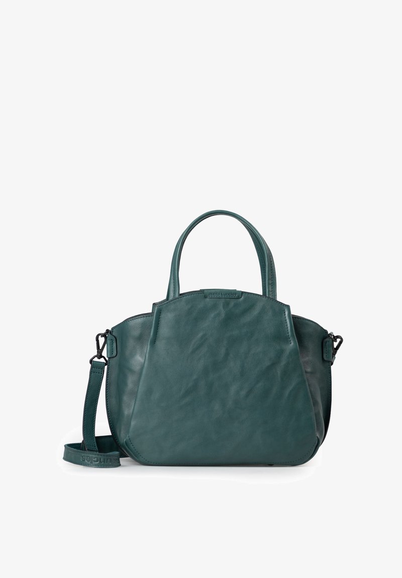 Borsa a tracolla in pelle teal con forma arrotondata, doppi manici superiori e tracolla rimovibile. Texture liscia e branding discreto sul frontale.