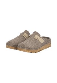 Gray felt clogs with a tan strap and logo accent, featuring a textured, cork-like sole and rounded toe design.