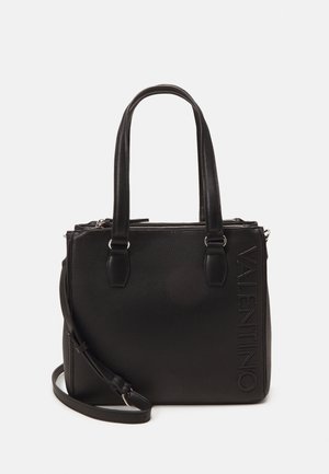 Black textured leather Valentino handbag with dual handles, detachable shoulder strap, and embossed vertical logo on front right side.