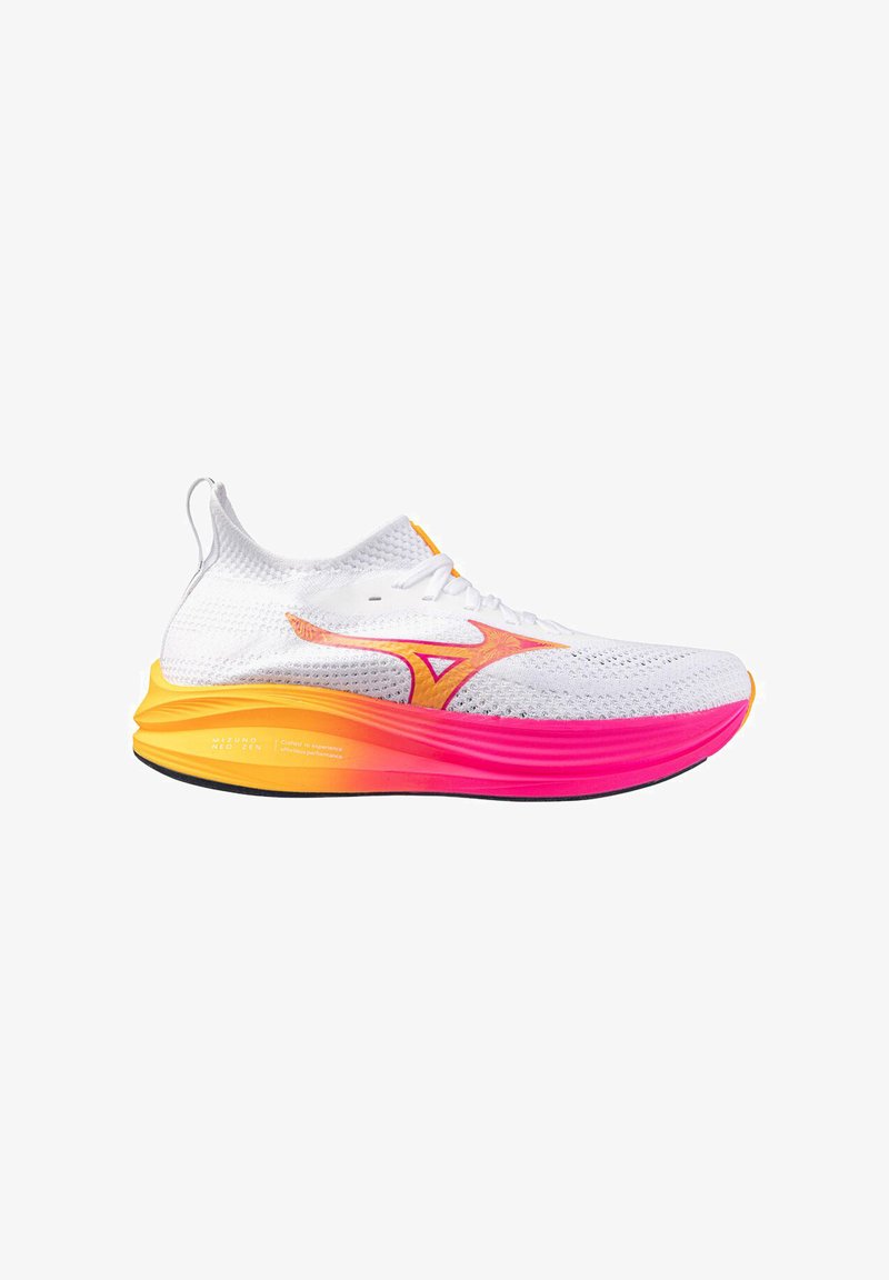 White athletic shoe with a mesh upper, featuring yellow and pink accents. The sole transitions from yellow to bright pink, with a rounded shape.