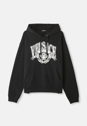 Black hooded sweatshirt with white "VERSACE" text and Medusa head logo centered on the chest, featuring front kangaroo pocket and drawstrings.