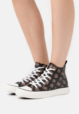 High-top sneakers in black synthetic material featuring a textured pattern in gold, white laces, and a white rubber sole with reinforced toe cap.