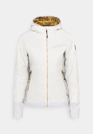 Chaqueta acolchada blanca con capucha, cremallera y forro dorados, bolsillos laterales con cremallera y logo en el pecho izquierdo y la manga derecha.