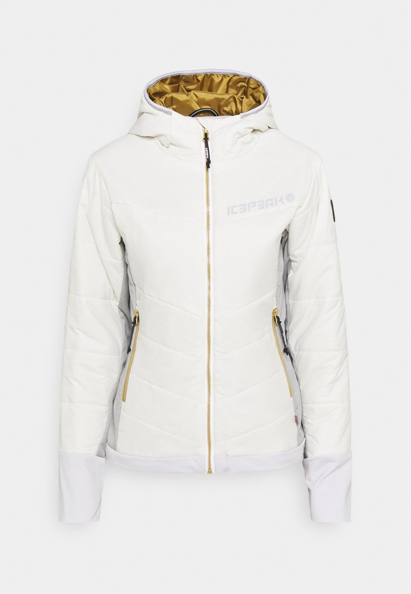 Veste matelassée blanche avec capuche, fermeture éclair dorée et doublure, poches latérales zippées, et logo sur la poitrine gauche et la manche droite.