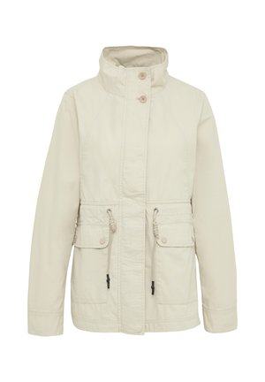 Giacca beige chiaro con colletto alto, due tasche frontali, vita con cordino e chiusure a bottoni. Realizzata in tessuto texturizzato.