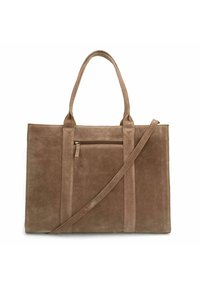 Bruine suède schoudertas met twee schouderhandvatten en een afneembare crossbodyriem. Heeft een voorzak met rits en een schoon, minimalistisch ontwerp.