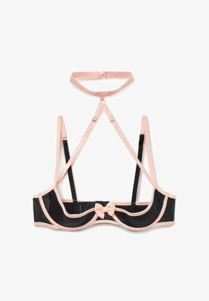 Sostén negro con acentos rosas, que presenta un diseño floral, tirantes ajustables y un detalle de lazo en el centro. Confeccionado en una tela suave con una forma estructurada.