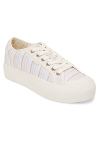 Vita sneakers med en strukturerad randig ovandel i pastellfärger, snörningsdesign och en tjock gummisula med en strukturerad yta.