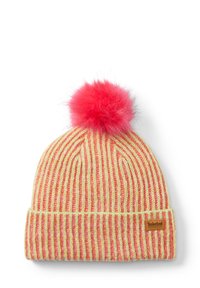 Beanie a righe in giallo e rosa con un morbido pom-pom rosa sulla parte superiore. Presenta un orlo piegato e un piccolo tag in tessuto con il logo.