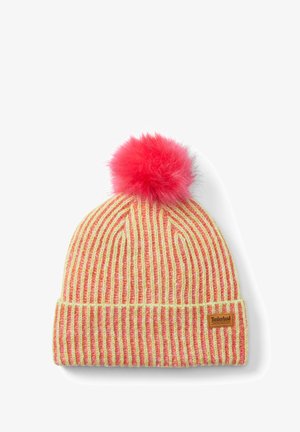 Gorro de punto a rayas en amarillo y rosa con un pompón esponjoso rosa en la parte superior. Presenta un dobladillo plegado y una pequeña etiqueta de tela con el logo.