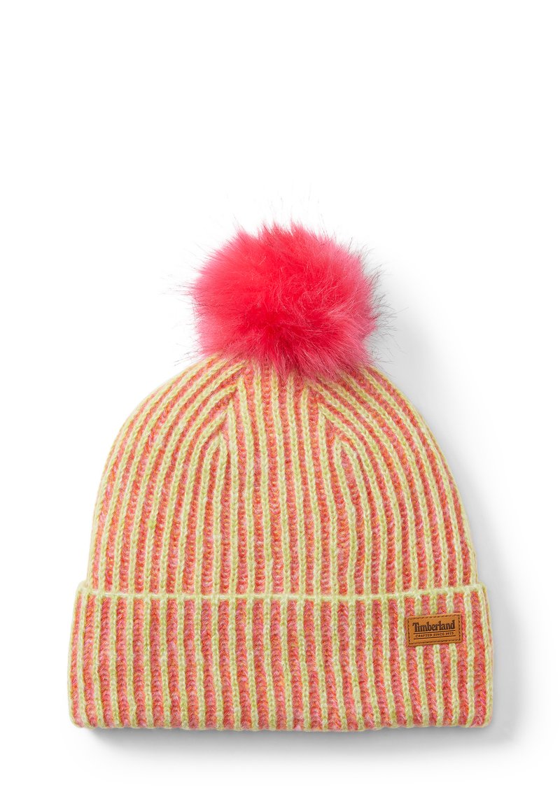 Beanie a righe in giallo e rosa con un morbido pom-pom rosa sulla parte superiore. Presenta un orlo piegato e un piccolo tag in tessuto con il logo.