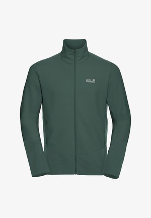 Dunkelgrüne Outdoor-Jacke mit durchgehendem Reißverschluss und hohem Kragen, mit Jack Wolfskin-Logo auf der Brust, dargestellt vor weißem Hintergrund.
