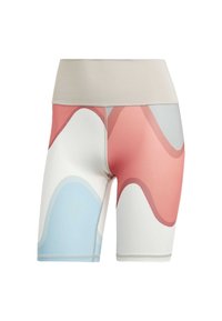 Rowery w stylu high-waisted z gładkiego, elastycznego materiału, w kolorowe wzory fal o odcieniach różu, niebieskiego i białego. Widoczne płaskie szwy.