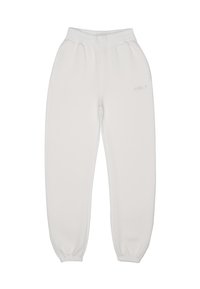 Pantaloni della tuta bianchi con cintura elastica, con polsini alle caviglie e un sottile dettaglio del logo sul davanti. Realizzati in tessuto morbido e liscio.