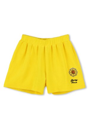Shorts en coton jaunes avec une taille élastique, ornés d'un motif de tournesol et de "Glengo Paris" brodé en noir. Texture douce.
