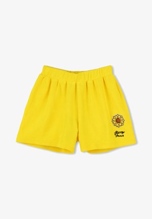 Gele katoenen shorts met een elastische tailleband, voorzien van een zonnebloemdessin en "Glengo Paris" geborduurd in het zwart. Zachte textuur.