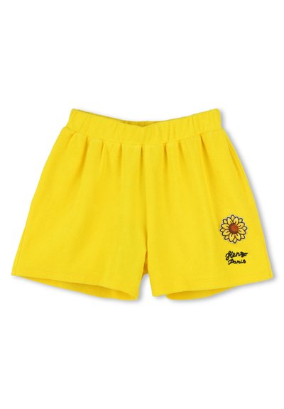 Shorts en coton jaunes avec une taille élastique, ornés d'un motif de tournesol et de "Glengo Paris" brodé en noir. Texture douce.