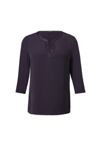 Dunkelviolette Bluse mit V-Ausschnitt, Dreiviertelärmeln und glatter Textur. Satinakzente entlang des Ausschnitts sorgen für Details.