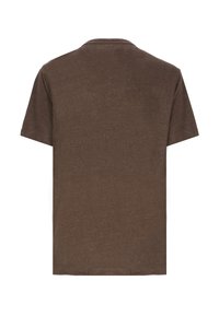 T-shirt marrone a maniche corte realizzato in tessuto testurizzato. Design con collo rotondo, vestibilità rilassata e orlo dritto standard in fondo.