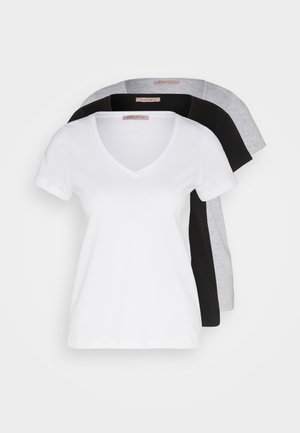 Pack de trois t-shirts à col en V en blanc, noir et gris. Manches courtes, en coton, texture douce et design classique.