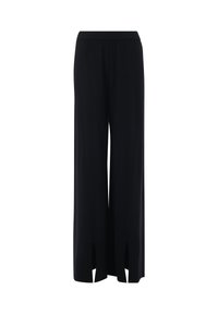 Zwarte wijde broek in een zachte stof, met vooruitsparingen, een platte tailleband en een rechte silhouet.