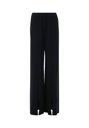 Zwarte wijde broek in een zachte stof, met vooruitsparingen, een platte tailleband en een rechte silhouet.