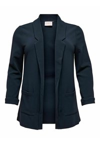 Granatowa marynarka o fakturowanej tkaninie, z otwartym przodem, długimi rękawami i dwoma przednimi kieszeniami. Podszyte mankiety i wycięcie klapy.