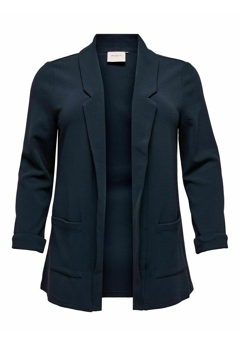 Granatowa marynarka o fakturowanej tkaninie, z otwartym przodem, długimi rękawami i dwoma przednimi kieszeniami. Podszyte mankiety i wycięcie klapy.