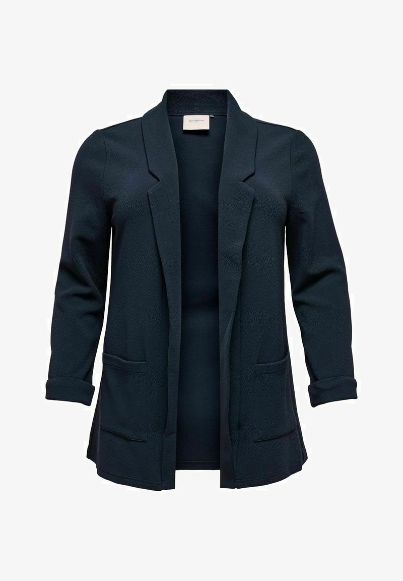 Granatowa marynarka o fakturowanej tkaninie, z otwartym przodem, długimi rękawami i dwoma przednimi kieszeniami. Podszyte mankiety i wycięcie klapy.