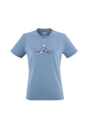 T-shirt en coton bleu ciel à manches courtes, avec un motif de montagne en blanc et bleu foncé. Encolure ronde avec une texture douce.