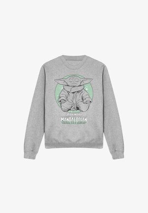 Grauer Pullover mit einer Grafik eines Charakters mit großen Ohren, umgeben von einem grünen Kreis mit Sternmuster und dem Text "Star Wars The Mandalorian".