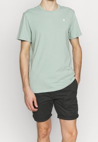 T-shirt di cotone verde chiaro con scollo a girocollo e maniche corte, abbinato a pantaloni corti neri arrotolati. Semplice logo sul petto.