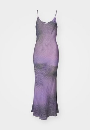 Sleeveless, form-fitting dress in gradient shades of purple and gray. Smooth fabric with subtle texture, falls to mid-calf length.