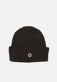 Gorro de punto negro con canalé y dobladillo plegable, decorado con un botón gris. Presenta motas coloridas a lo largo de la textura del tejido.