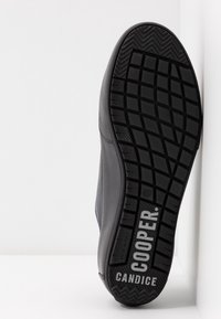Semelle de chaussure noire avec une adhérence à motifs et des détails en relief. "COOPER" et "CANDICE" imprimés en blanc. Dessus en synthétique et texture lisse.