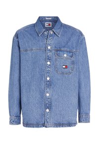 Light blue denim button-up shirt with long sleeves, chest pocket featuring Tommy Jeans logo patch.