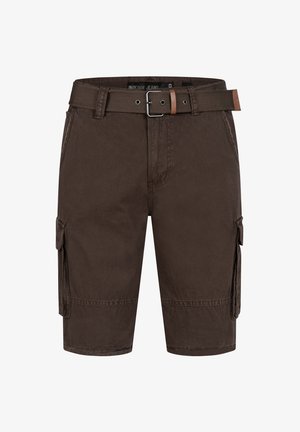 Hnedé cargo šortky vyrobené z odolnej bavlny. Obsahujú dve bočné vrecká, textúrovaný opasok a rovný strih. Tkanina je prateľná v práčke.