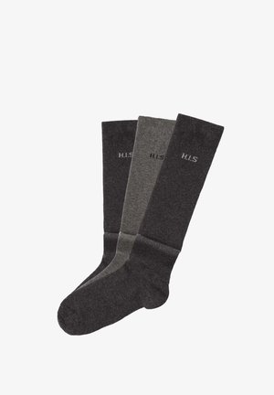 Zwei Paare kniehoher Socken in Dunkelgrau und Mittelgrau, mit glatter Textur und dem H.I.S.-Logo nahe der Oberkante.