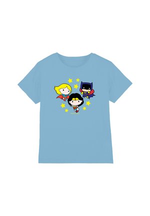 Light blue t-shirt with cartoon versions of Wonder Woman, Supergirl, and Batgirl surrounded by yellow stars on the front.
