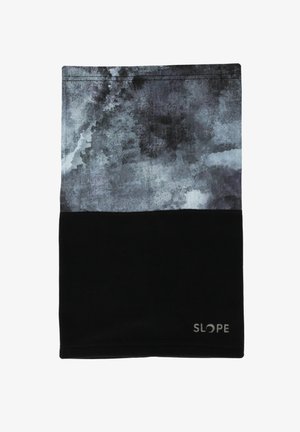 Un cache-cou noir et gris, à motif avec une moitié supérieure texturée et abstraite et une partie inférieure unie, arborant un petit logo "SLOPE" sur le bord.