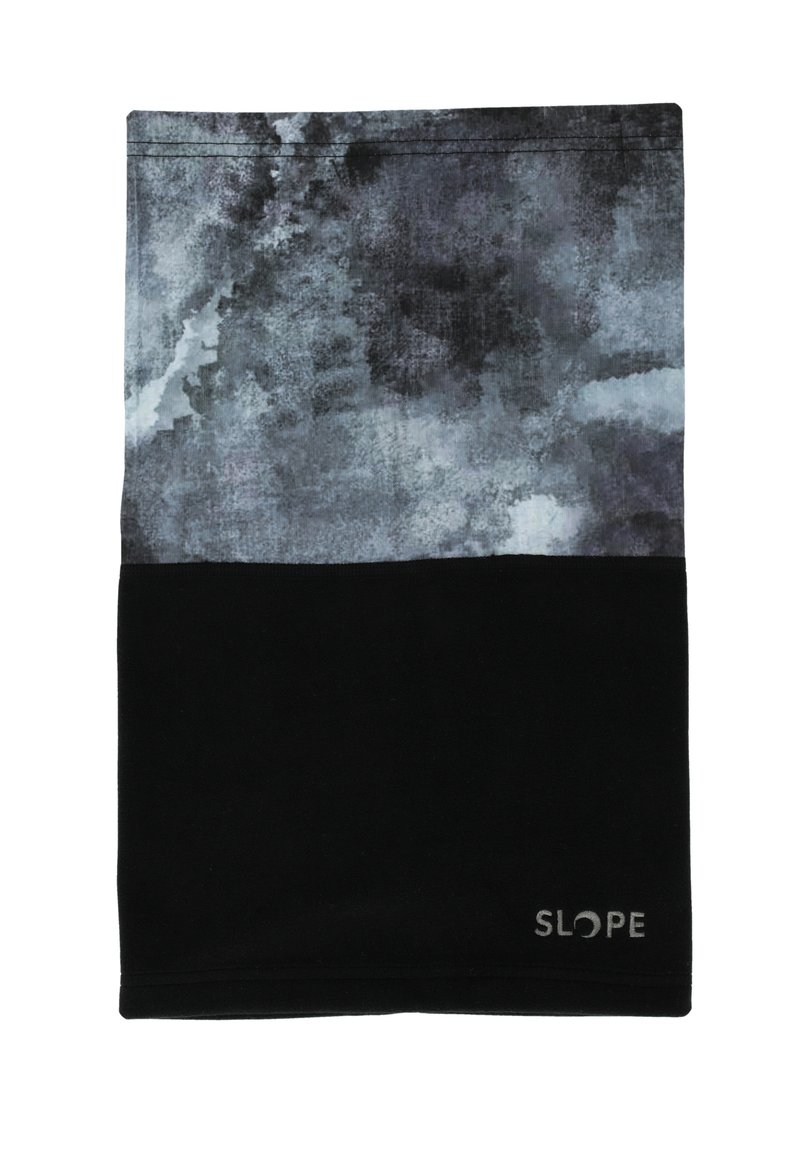 Un cache-cou noir et gris, à motif avec une moitié supérieure texturée et abstraite et une partie inférieure unie, arborant un petit logo "SLOPE" sur le bord.