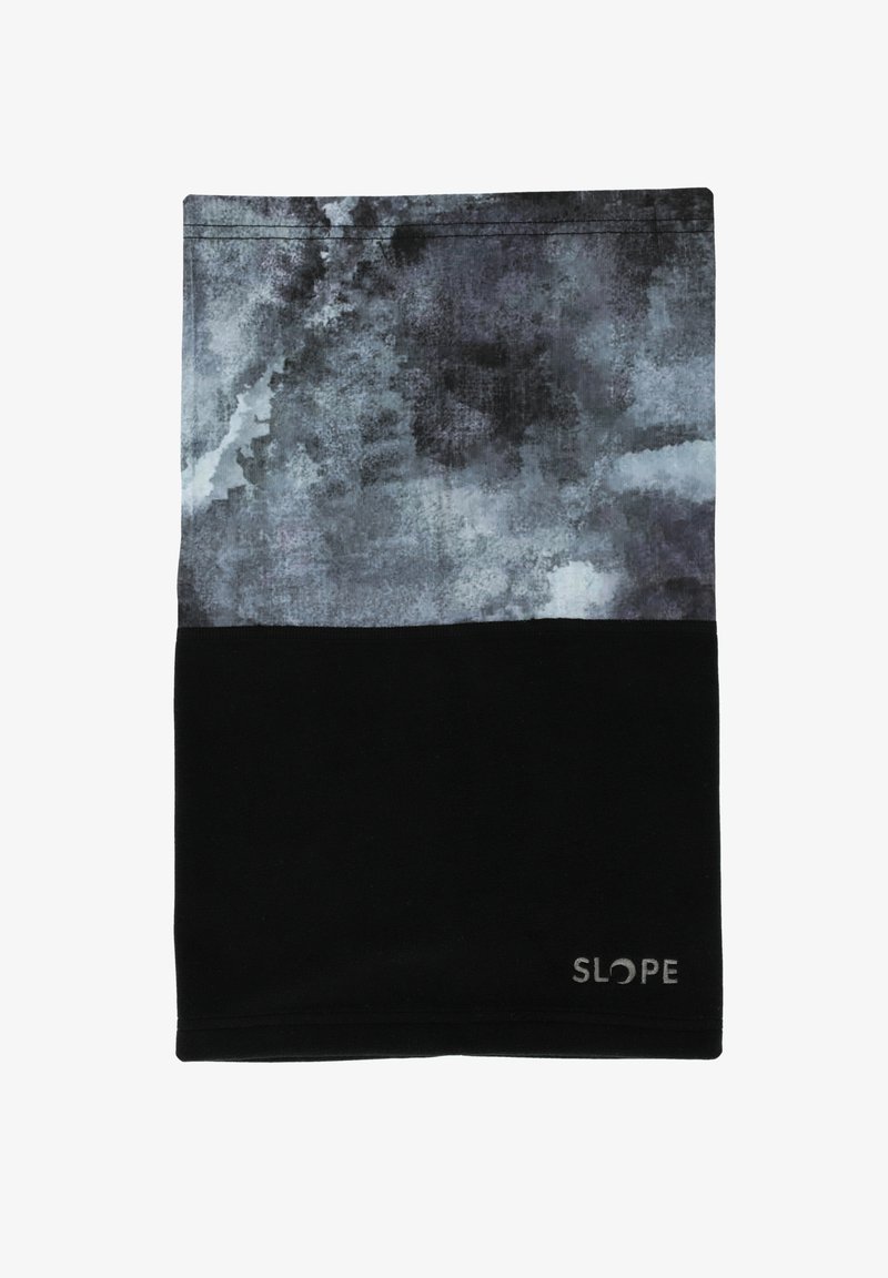 Un cache-cou noir et gris, à motif avec une moitié supérieure texturée et abstraite et une partie inférieure unie, arborant un petit logo "SLOPE" sur le bord.