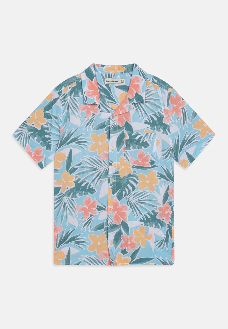 Korte mouwen overhemd met knopen, blauwe achtergrond, groene palmbladeren en oranje en gele tropische bloemen, voorzien van een borstzak.