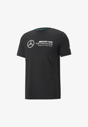 Schwarzes T-Shirt aus Baumwolle mit kurzen Ärmeln, vorne mit weißem AMG Petronas Logo und dem Text "Formula One Team". Rundhalsausschnitt.