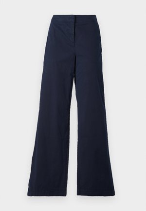 Navy blue wide-leg trousers made from cotton blend fabric, featuring a smooth texture, flat front waistband, and hemmed edges.