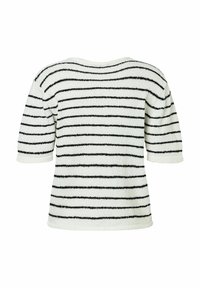 Pull rayé noir et blanc, avec des manches courtes, une coupe décontractée et un tissu doux et texturé. Rayures horizontales sur l'ensemble.