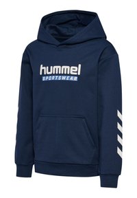 Marineblauwe hoodie van zacht materiaal, met een voorzak, wit logo en chevronpatroonaccenten op de mouwen.