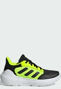 Black athletic shoe featuring a breathable mesh upper with neon yellow accents, black stripes, and a cushioned white Cloudfoam sole.