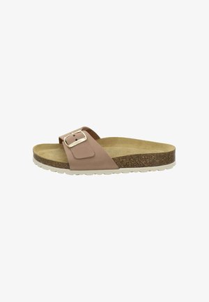 Single tan slide sandal with adjustable buckle strap, cork footbed, and textured white sole shown from the side on white background.