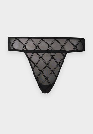 Juodas tinklinis thong'as su deimanto raštu ir apskritais akcentais. Lygi juosmens juosta ir permatoma tekstūra pagerina jo dizainą.